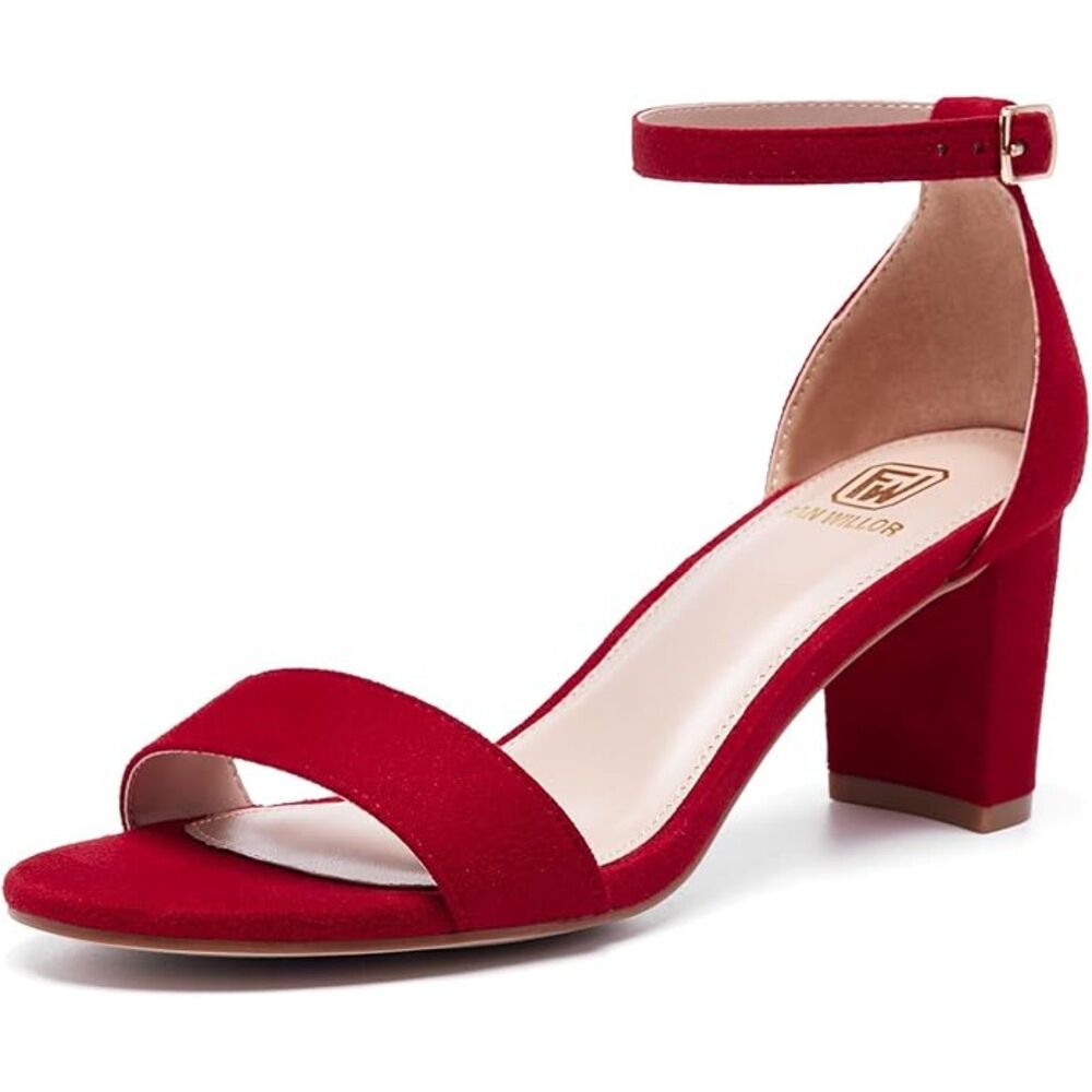 Women's Red Open Toe Ankle Strap Low Chunky Short Heels Wedding Pumps Shoes